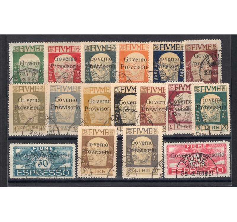 Terre Redente - Fiume - 1921 - Effigie di D'annunzio con soprast. "Governo Provvisorio", serie n° 149/63 + Ex 5/6. Cert.: IC. Ca