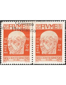 Terre Redente - Fiume - 1921 - Effigie di D'annunzio 20 c. arancio, coppia con una sola soprast. obliqua "Governo Provvisorio", 