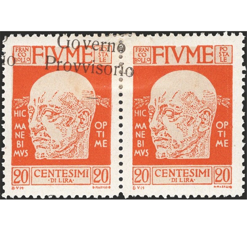 Terre Redente - Fiume - 1921 - Effigie di D'annunzio 20 c. arancio, coppia con una sola soprast. obliqua "Governo Provvisorio", 