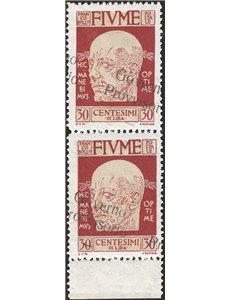 Terre Redente - Fiume - 1921 - Effigie di D'annunzio 30 c. in coppia verticale con soprast. obliqua "Governo Provvisorio" e niti