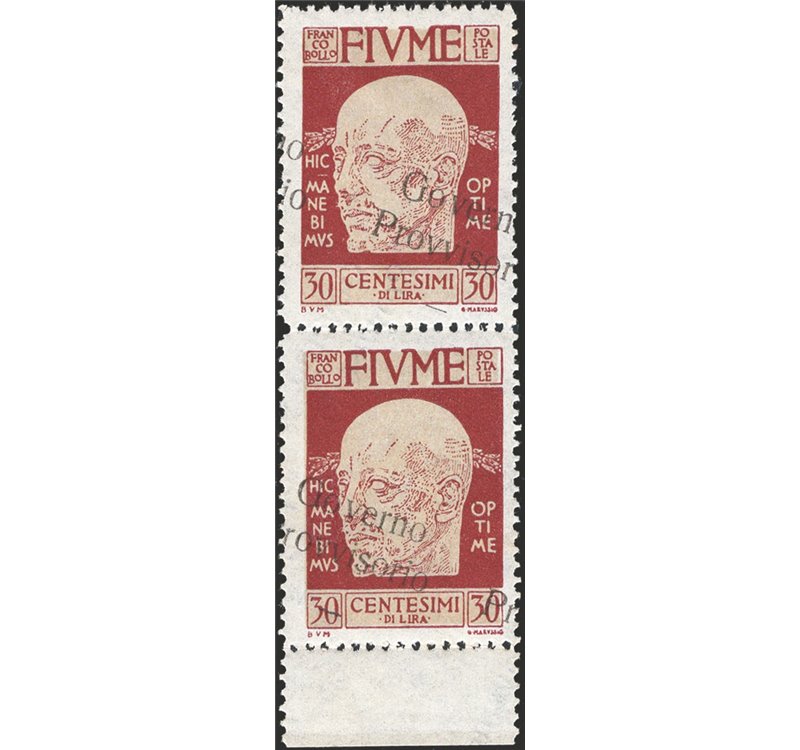 Terre Redente - Fiume - 1921 - Effigie di D'annunzio 30 c. in coppia verticale con soprast. obliqua "Governo Provvisorio" e niti
