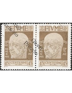 Terre Redente - Fiume - 1921 - Effigie di D'annunzio 45 c. oliva in coppia orizzontale con soprast. obliqua "Governo Provvisorio