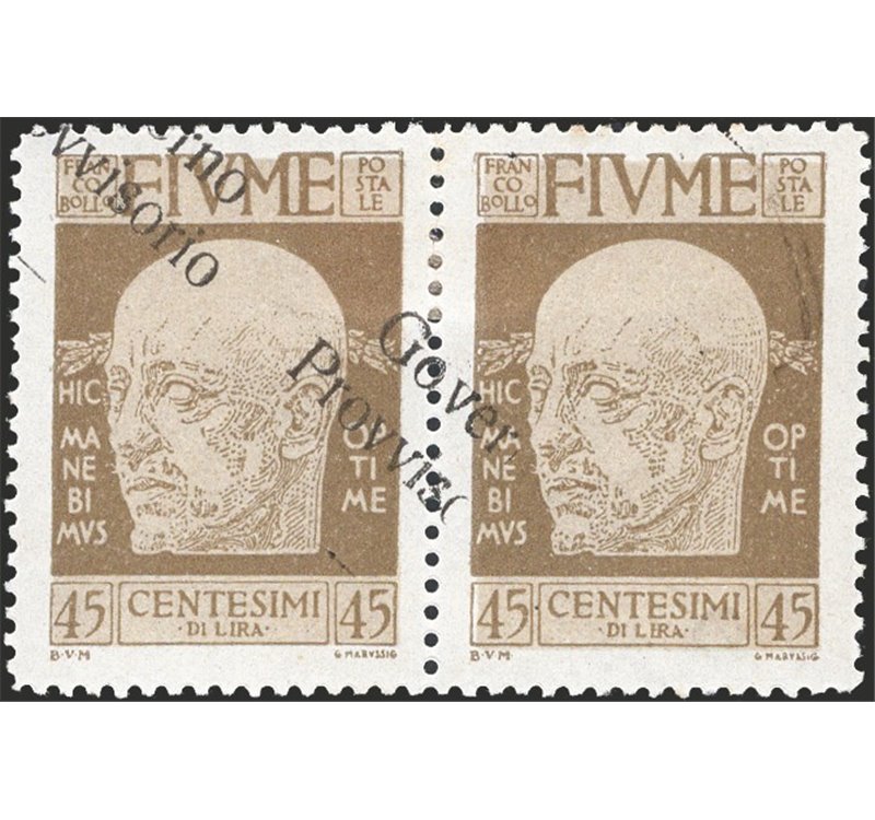 Terre Redente - Fiume - 1921 - Effigie di D'annunzio 45 c. oliva in coppia orizzontale con soprast. obliqua "Governo Provvisorio