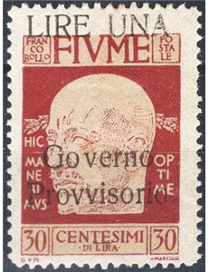 Terre Redente - Fiume - 1921 - Effigie di D'annunzio 30 c. con soprast. fortemente spostata in basso, "LIRE UNA" in alto e "Gove
