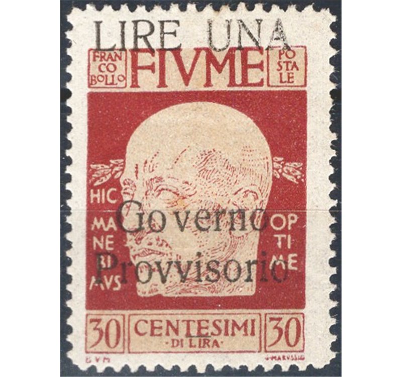 Terre Redente - Fiume - 1921 - Effigie di D'annunzio 30 c. con soprast. fortemente spostata in basso, "LIRE UNA" in alto e "Gove