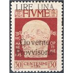 Terre Redente - Fiume - 1921 - Effigie di D'annunzio 30 c. con soprast. fortemente spostata in basso, "LIRE UNA" in alto e "Gove