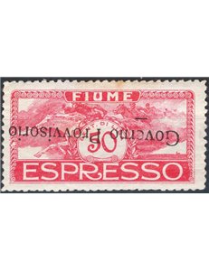 Terre Redente - Fiume - 1921 - Espresso Cavalieri 50 c. rosa con soprast. capovolta "Governo Provvisorio", n° 6a (*)