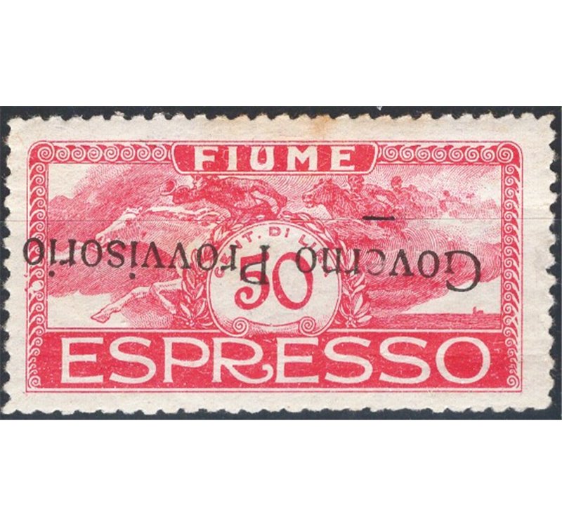 Terre Redente - Fiume - 1921 - Espresso Cavalieri 50 c. rosa con soprast. capovolta "Governo Provvisorio", n° 6a (*)