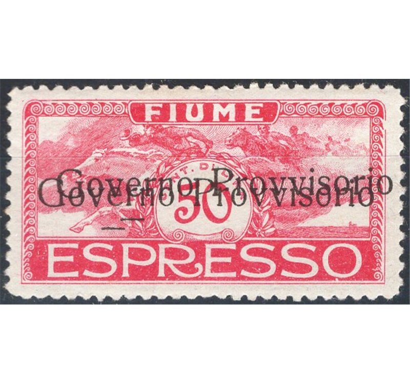 Terre Redente - Fiume - 1921 - Espresso Cavalieri 50 c. rosa con doppia soprast. "Governo Provvisorio", n° 6b. Cat. € 150 (*)