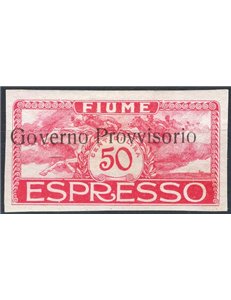 Terre Redente - Fiume - 1921 - Espresso Cavalieri 50 c. rosa non dent. con soprast. "Governo Provvisorio", n° 6q (*)