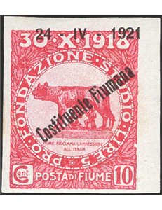 Terre Redente - Fiume - 1921 - Fondazione Studio 10 c. carminio non dent. con soprast "24 - IV - 1921 Costituente Fiumana", vari