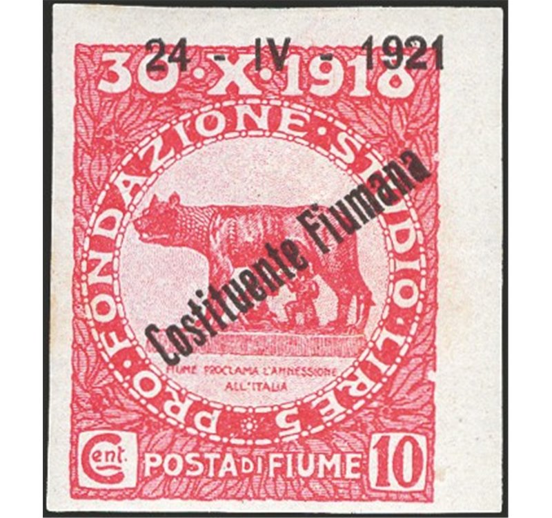 Terre Redente - Fiume - 1921 - Fondazione Studio 10 c. carminio non dent. con soprast "24 - IV - 1921 Costituente Fiumana", vari