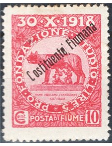 Terre Redente - Fiume - 1921 - Fondazione Studio 10 c. carminio con soprast. "Costituente Fiumana" e senza data, n° 165f. Cat. €