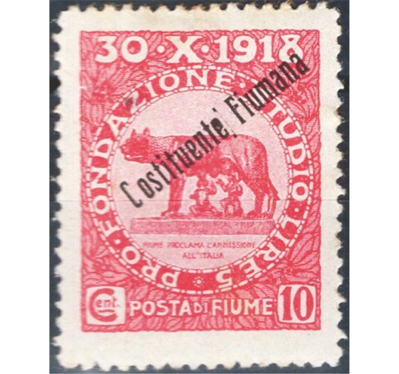 Terre Redente - Fiume - 1921 - Fondazione Studio 10 c. carminio con soprast. "Costituente Fiumana" e senza data, n° 165f. Cat. €