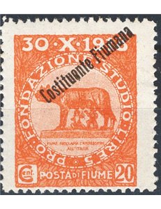 Terre Redente - Fiume - 1921 - Fondazione Studio 20 c. arancio con soprast. "Costituente Fiumana" e senza data, n° 167f. Cat. € 