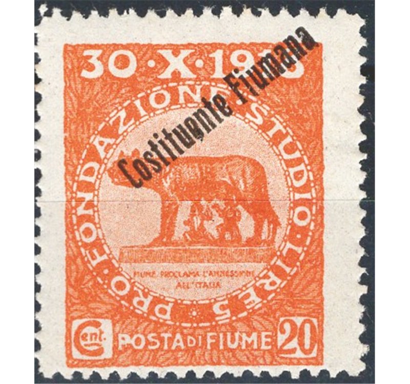 Terre Redente - Fiume - 1921 - Fondazione Studio 20 c. arancio con soprast. "Costituente Fiumana" e senza data, n° 167f. Cat. € 