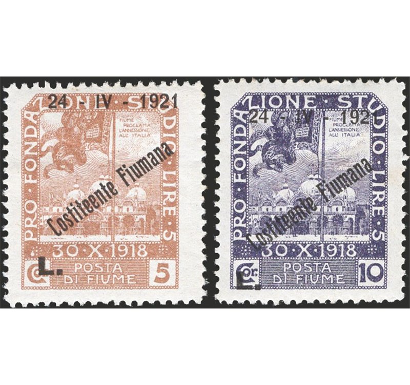 Terre Redente - Fiume - 1921 - Francobolli della serie Fondazione Studio 2 c. + 3 c. + 5 c. + 10 c. con soprast. "24 - IV - 1921