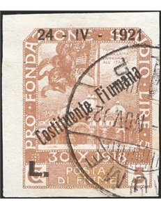Terre Redente - Fiume - 1921 - Fondazione Studio 5 £ giallo non dent. e con soprast. "24 - IV - 1921 Costituente Fiumana L.", no