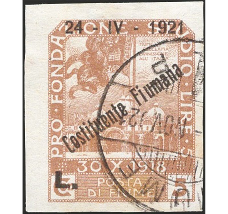 Terre Redente - Fiume - 1921 - Fondazione Studio 5 £ giallo non dent. e con soprast. "24 - IV - 1921 Costituente Fiumana L.", no