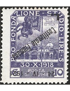 Terre Redente - Fiume - 1921 - Fondazione Studio 10 c. violetto con soprast. "24 - IV - 1921" capovolta e varietà "Costitueente"