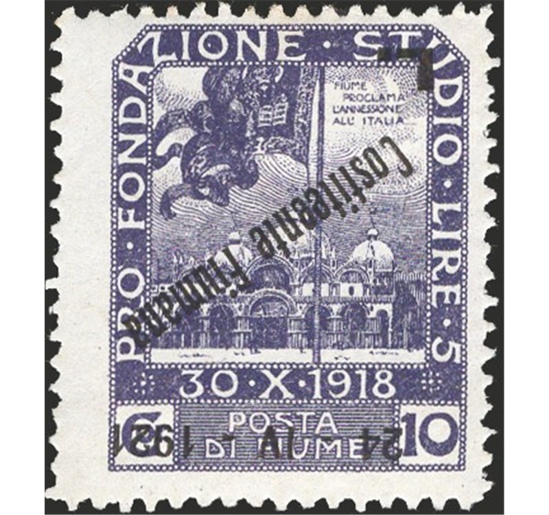 Terre Redente - Fiume - 1921 - Fondazione Studio 10 c. violetto con soprast. "24 - IV - 1921" capovolta e varietà "Costitueente"