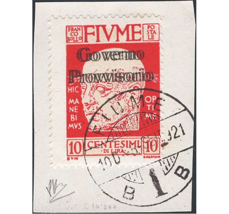 Terre Redente - Fiume - 1921 - Effigie di D'Annunzio 10 c. carminio vivo con doppia soprast. "Governo Provvisorio" su frammento 