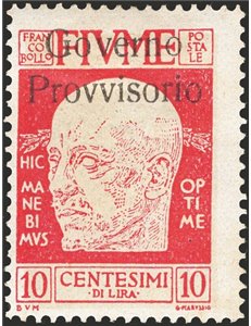 Terre Redente - Fiume - 1921 - Effigie di D'Annunzio 10 c. carminio vivo con soprast. "Governo Provvisorio" fortemente spostata 