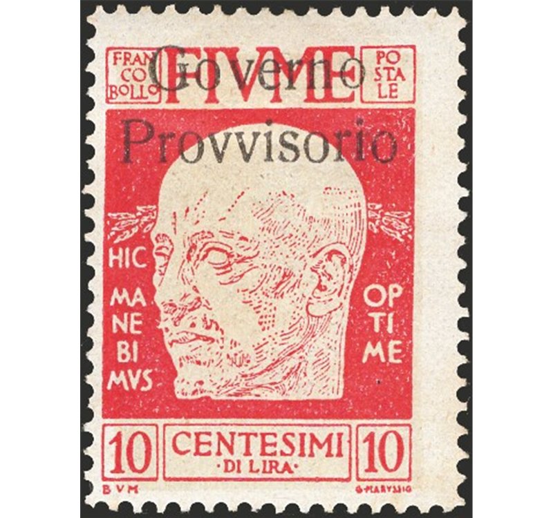 Terre Redente - Fiume - 1921 - Effigie di D'Annunzio 10 c. carminio vivo con soprast. "Governo Provvisorio" fortemente spostata 