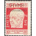 Terre Redente - Fiume - 1921 - Effigie di D'Annunzio 10 c. carminio vivo con soprast. "Governo Provvisorio" fortemente spostata 