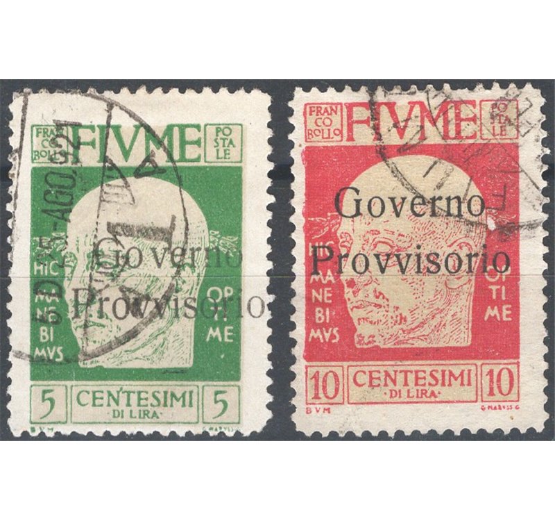Terre Redente - Fiume - 1921 - Effigie di Gabriele D'Annunzio con soprast. "Governo Provvisorio" modificata, serie n° 177/78. Ca