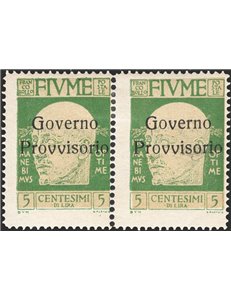 Terre Redente - Fiume - 1921 - Effigie di Gabriele D'Annunzio 5 c. verde giallo, coppia orizzontale con soprast. "Governo Provvi