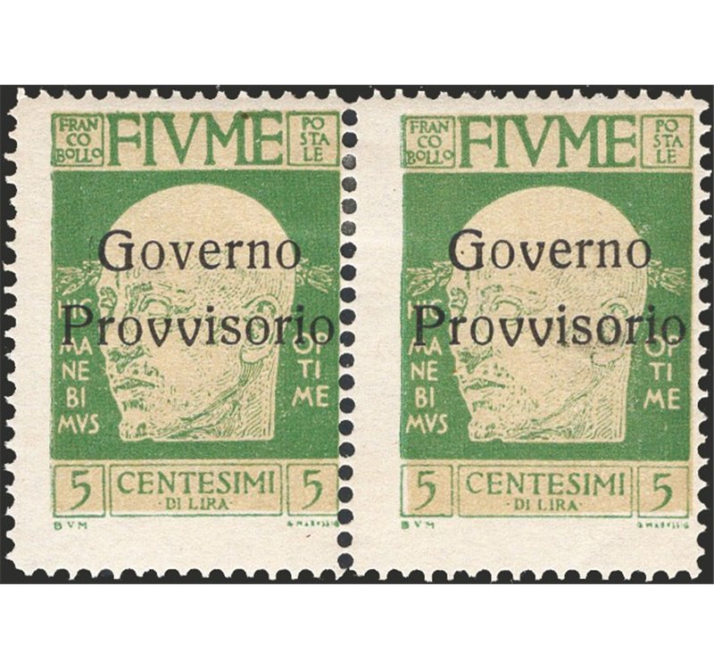 Terre Redente - Fiume - 1921 - Effigie di Gabriele D'Annunzio 5 c. verde giallo, coppia orizzontale con soprast. "Governo Provvi