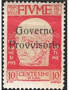 Terre Redente - Fiume - 1921 - Effigie di Gabriele D'Annunzio 10 c. carminio con soprast. "Governo Provvisorio" senza il trattin