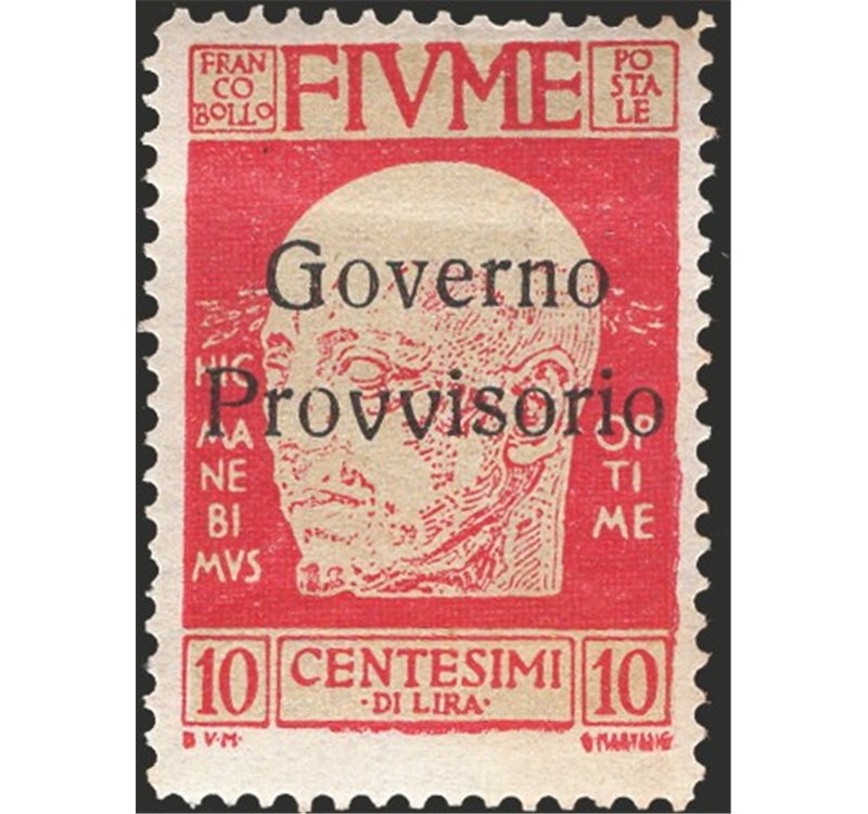Terre Redente - Fiume - 1921 - Effigie di Gabriele D'Annunzio 10 c. carminio con soprast. "Governo Provvisorio" senza il trattin