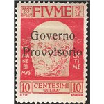 Terre Redente - Fiume - 1921 - Effigie di Gabriele D'Annunzio 10 c. carminio con soprast. "Governo Provvisorio" senza il trattin