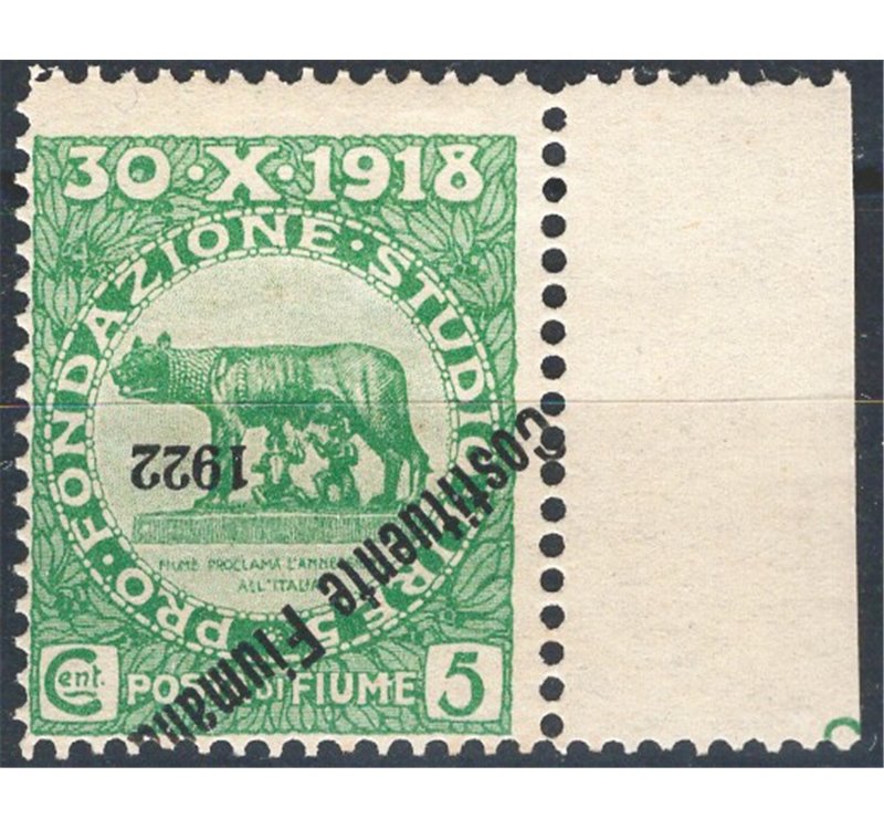 Terre Redente - Fiume - 1921 - Fondazione Studio 5 c. verde con soprast. "Costituente Fiumana" senza data, n° 179da. Cat. € 200 