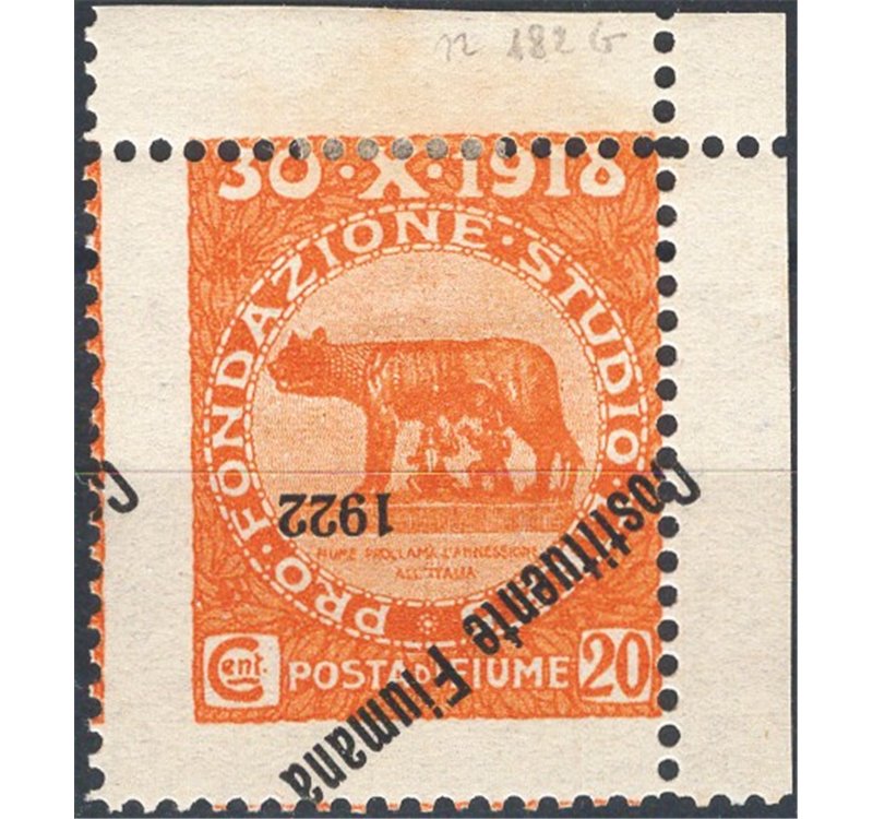 Terre Redente - Fiume - 1922 - Fondazione Studio 20 c. arancio con soprast "Costituente Fiumana 1922" capovolta e senza data, n°