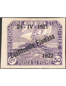 Terre Redente - Fiume - 1921 - Fondazione Studio 80 c. non dent. con soprast. "24 - IV 1921 Costituente Fiumana 1922", non catal