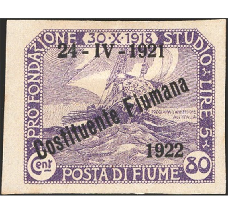 Terre Redente - Fiume - 1921 - Fondazione Studio 80 c. non dent. con soprast. "24 - IV 1921 Costituente Fiumana 1922", non catal