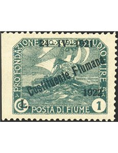Terre Redente - Fiume - 1922 - Fondazione Studio 1 c. ardesia soprast., n° 186r. Cert.: Biondi. Cat. € 240 (**)