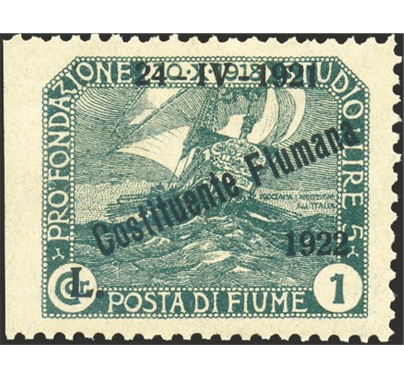 Terre Redente - Fiume - 1922 - Fondazione Studio 1 c. ardesia soprast., n° 186r. Cert.: Biondi. Cat. € 240 (**)