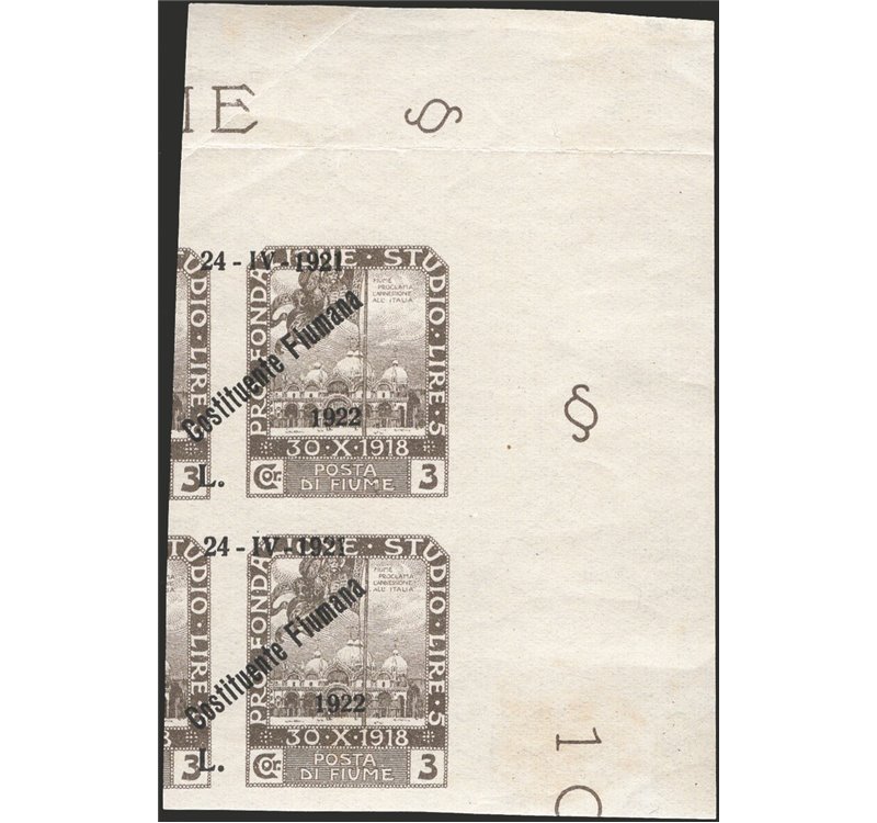 Terre Redente - Fiume - 1922 - Fondazione Studio 3 c. bruno oliva con soprast. "24 - IV - 1921 Costituente Fiumana 1922 L." fort