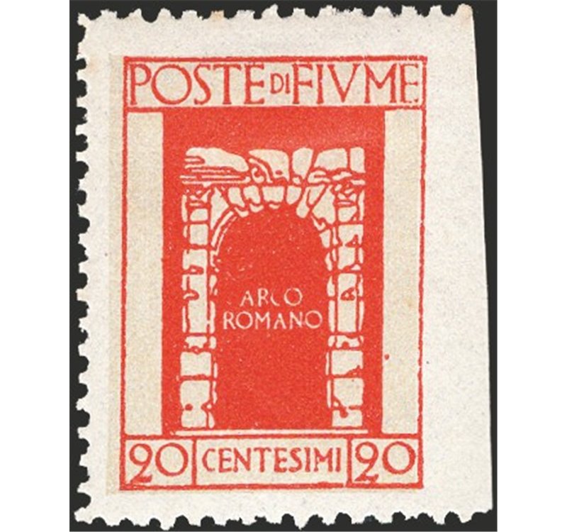 Terre Redente - Fiume - 1923 - S. Vito e soggetti vari 20 c. vermiglio non dent. a destra, n° 193gb. Cert.: IC. Cat. € 320 (*)