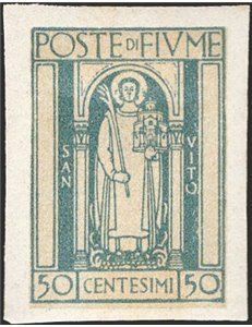 Terre Redente - Fiume - 1923 - S. Vito e soggetti vari 50 c. azzurro chiaro non dent., n° 196f. Cert.: IC. Cat. € 600 (*)