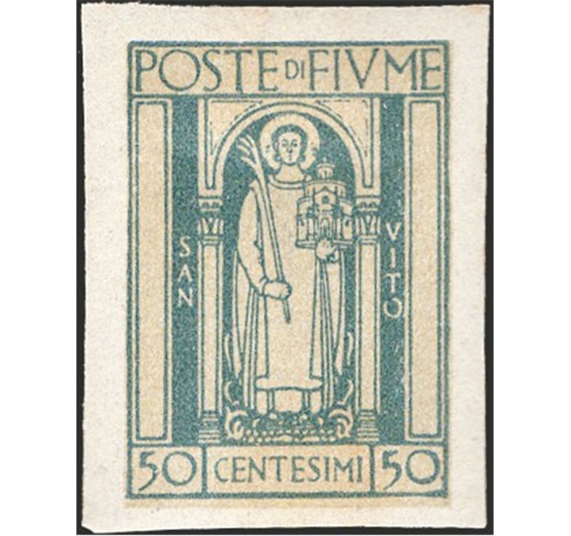 Terre Redente - Fiume - 1923 - S. Vito e soggetti vari 50 c. azzurro chiaro non dent., n° 196f. Cert.: IC. Cat. € 600 (*)