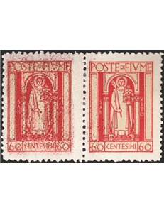Terre Redente - Fiume - 1923 - S. Vito e soggetti vari 60 c. carminio, coppia orizzontale con l'esemplare di sinistra e parte di