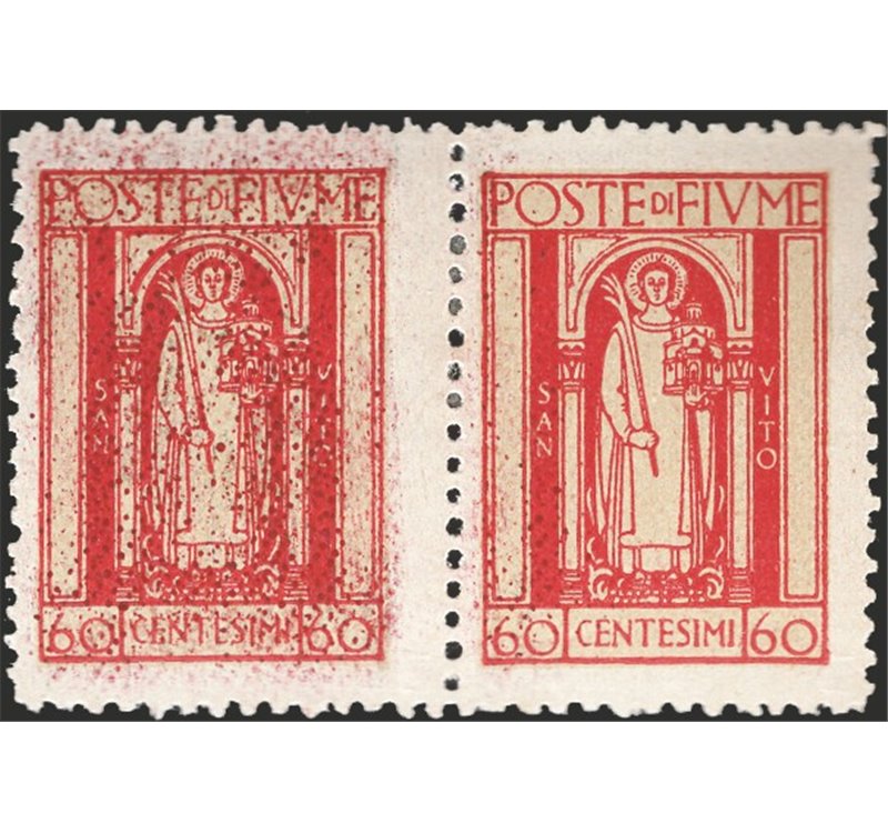 Terre Redente - Fiume - 1923 - S. Vito e soggetti vari 60 c. carminio, coppia orizzontale con l'esemplare di sinistra e parte di