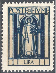 Terre Redente - Fiume - 1923 - S. Vito e soggetti vari 1 £ azzurro con doppia stampa, n° 198b. Cat. € 165 (**)