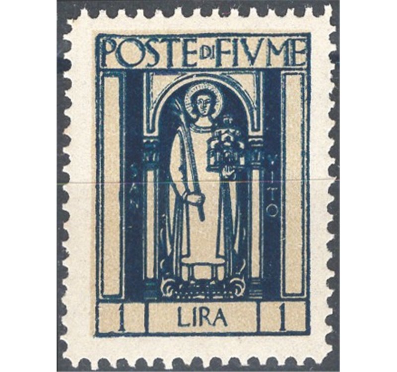 Terre Redente - Fiume - 1923 - S. Vito e soggetti vari 1 £ azzurro con doppia stampa, n° 198b. Cat. € 165 (**)