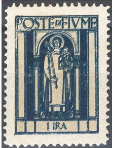 Terre Redente - Fiume - 1923 - S. Vito e soggetti vari 1 £ azzurro con doppia stampa, n° 198b. Cat. € 110 (*)